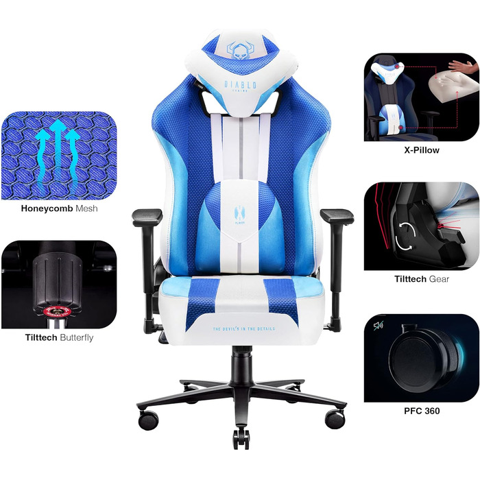 Ігрове крісло Diablo X-Player 2.0 Frost White, тканинне, ергономічне, 3D підлокітники, подушки для шиї та попереку, широка сидушка, вага до 150 кг, офісне/геймерське крісло, розмір L