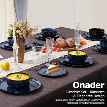 Набір посуду Onader на 6 осіб (18 предметів) - Тарілки, миски, десертні тарілки, кераміка, блакитний, для миття в посудомийній машині