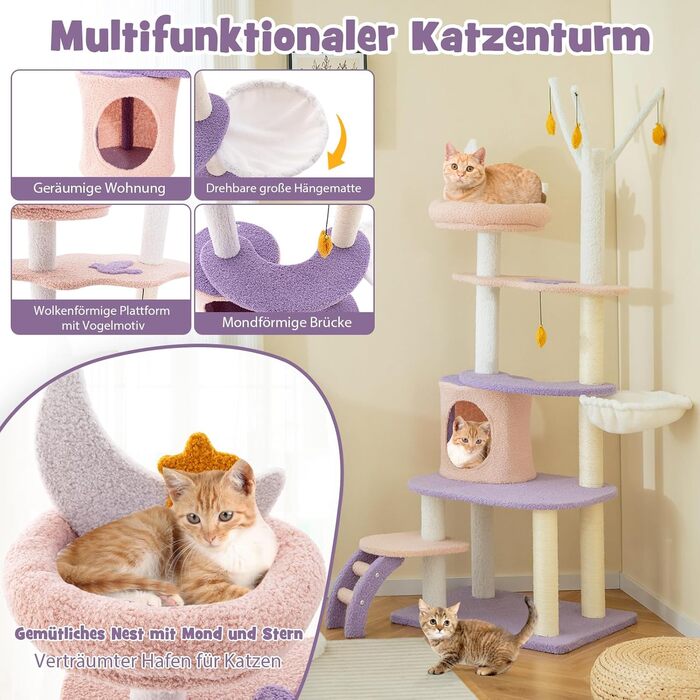 Кігтеточка для котів COSTWAY з будиночком, гамаком та мотузкою, активний комплекс, ліловий та рожевий (59x49x158 см)