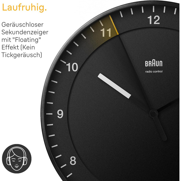 Braun Classic Large Radio Wall Clock, Central European Time Zone (CET/GMT+1) with quiet movement, easy-to-read dial, 30cm diameter, black model BC17B-DCF.