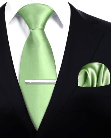 HISDERN Комплект краваток для чоловіків: краватка, нагрудна хустинка та краватки-кліпса. Класичний однотонний дизайн, світло-зелений, для святкових заходів та весіль.
