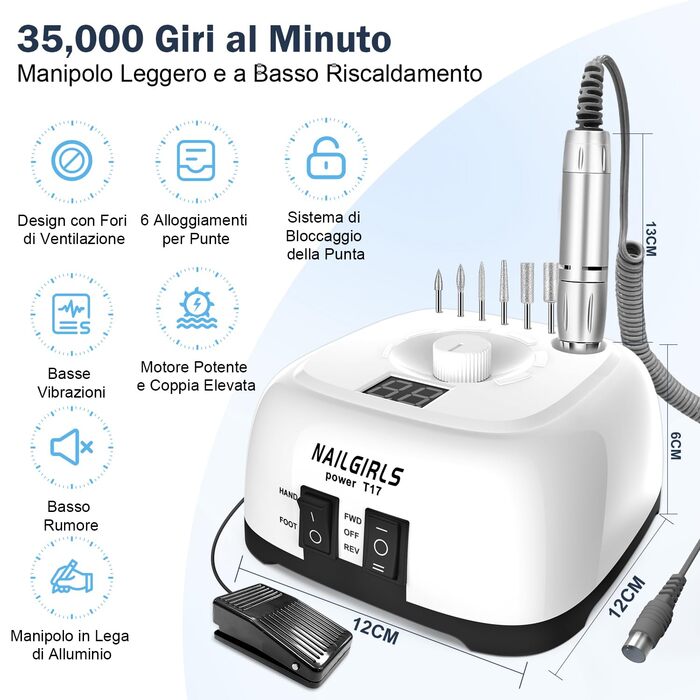 Електрична машинка для манікюру та педикюру Nailgirls 11 в 1 з LED-дисплеєм та педаллю, 35000 об/хв, для гелю та акрилу