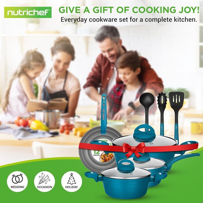 NutriChef Professional 12-Piece Nonstick Cookware Set – PFOA/PFOS-Free, Heat-Resistant Coating, Elegant Design, Pots and Pans in Various Sizes, Teal/Gray/Green