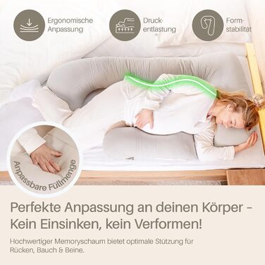 Подушка для вагітних та годування XL з піною Memory Foam, сіра. Подушка для сну на боку, бавовняний чохол, підтримка тіла