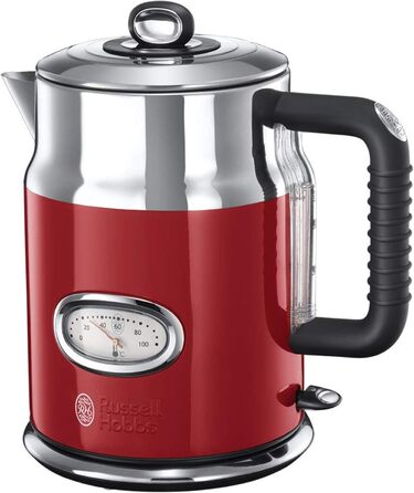 Russell Hobbs Kettle [1.7l, 2400W] Retro Red & Polished Stainless Steel (Quick Boil Function, Water Temperature Indicator in Retro Design, External Water Level Indicator) Vintage Tea Kettle 21670-70