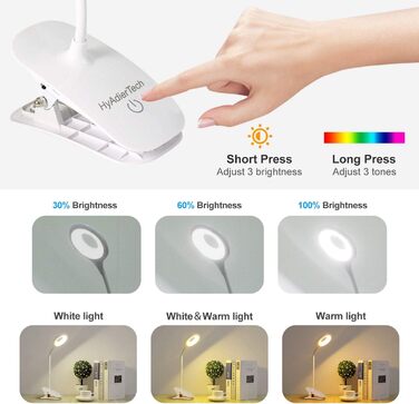 LED-лампа для читання HyAdierTech з гнучким шийкою, USB-зарядка, 40 світлодіодів, 3 кольори, 3 рівні яскравості, захист очей, настільна лампа
