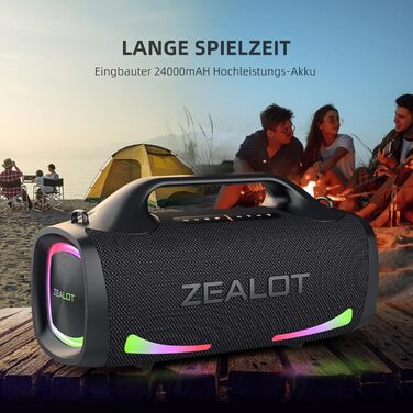 ZEALOT Bluetooth колонка 100W, XBass, Bluetooth 5.2, USB-C, 24000mAh, IPX6 водонепроникна, для кемпінгу, пляжу, басейну, саду - Чорна