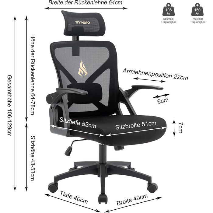 Ергономічне крісло для офісу Symino: регульована спинка, підголівник, підлокітники, 150 кг, чорний