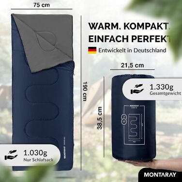 Montaray® Hooded Sleeping Bag -3°C - Outdoor Winter & Summer Sleeping Bag for Men & Women - 3-4 Season Hut Sleeping Bag (75 x 220 cm) - Blue, 150GSM