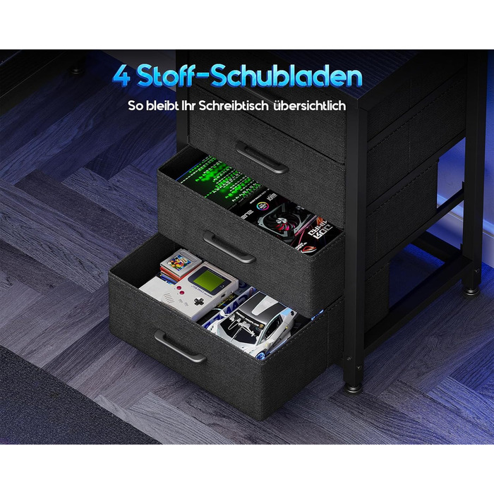 Ігровий стіл Coleshome з LED підсвічуванням, 130 x 100 см. Реверсивний стіл з шухлядами та розетками, кутовий стіл з полицею та місцем для зберігання, чорний