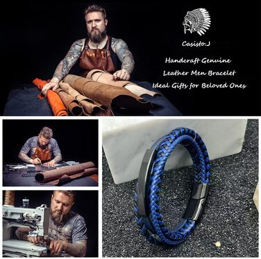 Чоловічий шкіряний браслет Lederarmband з нержавіючої сталі: плетіння, магнітний замок, гравіювання (синій, коричневий, чорний) 21 см