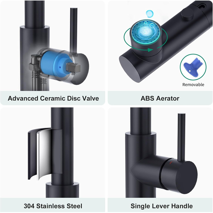 Кухонний змішувач CREA з 3 функціями: душ, висувний вилив, поворот 360°. Матовий чорний, для кухні.
