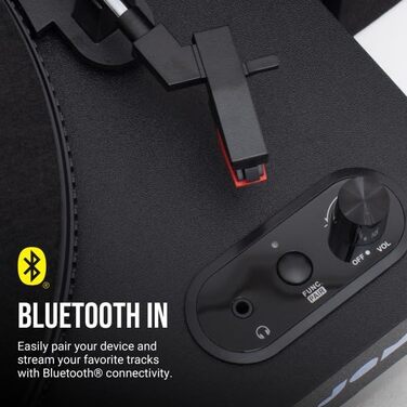 Програвач вінілових пластинок JAM з колонками Bluetooth – чорний. 3 швидкості, вбудовані динаміки, пилозахисний ковпак, попередньо налаштований тонарм, засіб для чищення вінілу.