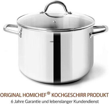 HOMICHEF Суповий каструля 9,5 л з кришкою, нікель-вільна нержавіюча сталь, індукційна, полірована, срібляста, з ручками