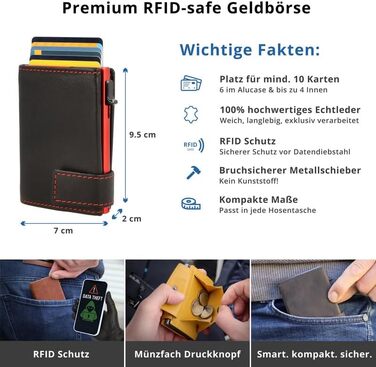 Шкіряний картхолдер SecWal з монетницею та RFID-захистом, компактний гаманець з кнопкою для жінок та чоловіків (Червоно-чорний), Made in Germany