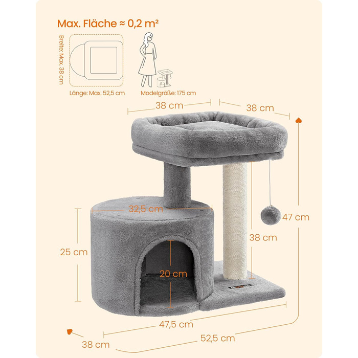 Драбина для котів Feandrea, кігтеточка з сизалю, платформа з м'якою оббивкою, для кошенят, сіра PCT50W