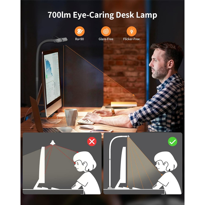 LED лампа для столу KableRika: регульоване освітлення, захист очей, 6 кольорів, для офісу та дому