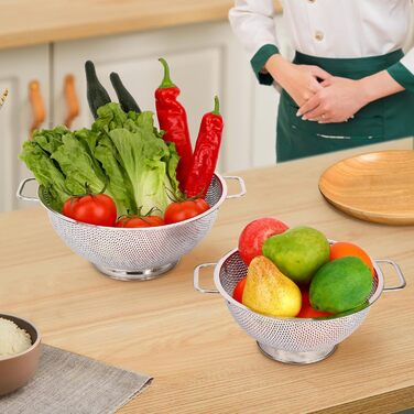 Дуршлаг кухонний 3QT + 5QT, 2 шт, нержавіюча сталь, з ручками для фруктів, овочів, безпечний для посудомийної машини