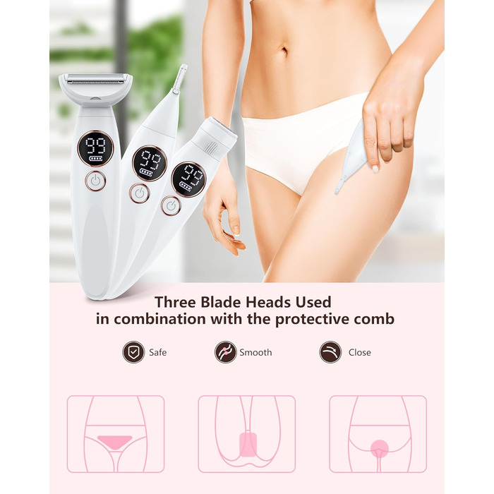 Електричний жіночий тример 3-в-1 для тіла, обличчя, бікіні та ніг. Вологостійкий IPX7, USB-зарядка, білий