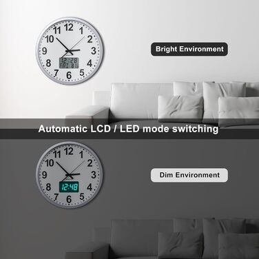 KWANWA Modern Wall Clock • Silent Operation (No Ticking) • Digital LCD/LED Display • Calendar & Temperature • Battery Powered • 30.5cm • 12-Hour Format, Perfect for Kitchen, Bedroom & Office