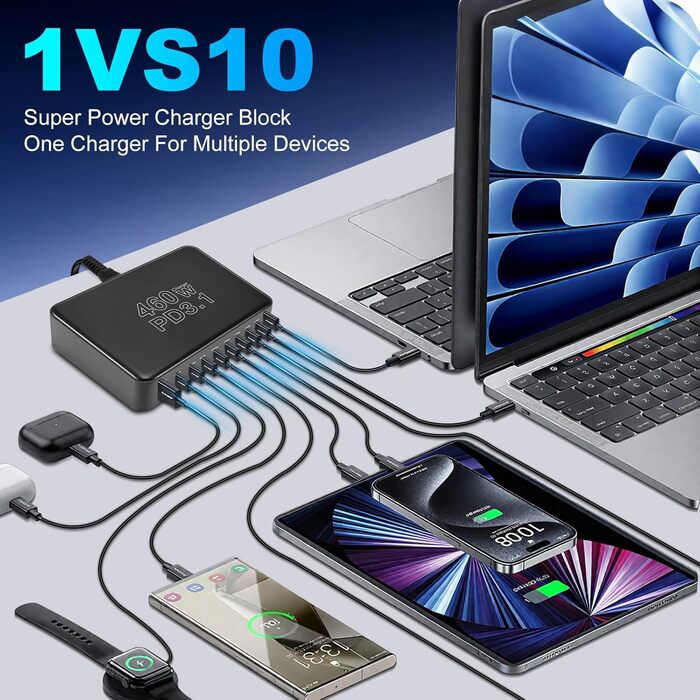 Зарядний пристрій USB-C 460W, 10 портів, PD 3.1 100W/45W/35W/20W для MacBook, iPad, iPhone, HP, Samsung Galaxy та ін. (Сірий)