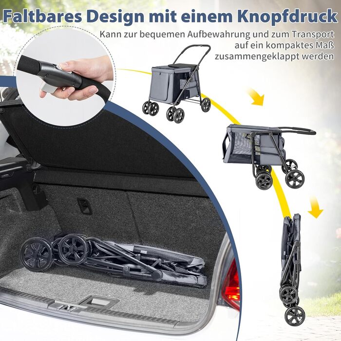 Візок для собак Costway, складаний, до 40 кг, з подушкою, сітковими вікнами та полицею, з двома дверцятами та бічними кишенями, сірий