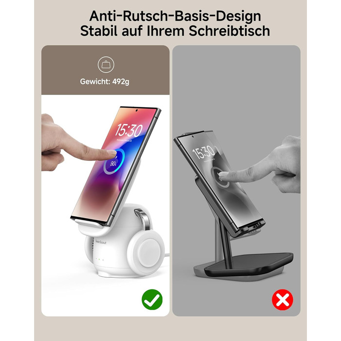 Бездротова зарядка SwanScout 3-в-1 для Samsung Galaxy S25 Ultra, S24, S23, Z Flip 7, Z Fold 7, Galaxy Watch 8/Ultra/7/6/5, Buds (без адаптера) біла