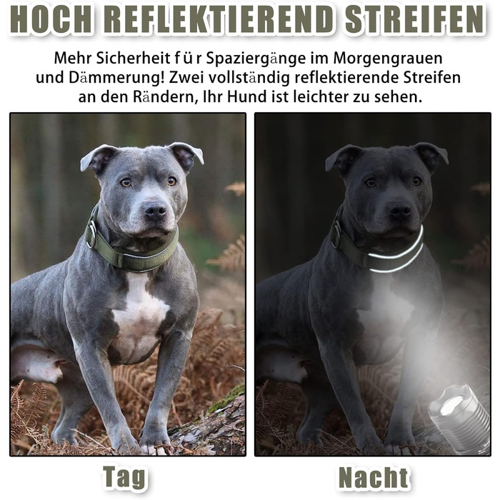 Нашийник для собак з м'якого неопрену (4 см ширина), світловідбиваючий, з міцного нейлону та стопором, зручний, для дресирування, проти потягування, розмір L (армійний зелений, обхват шиї 45-56 см)