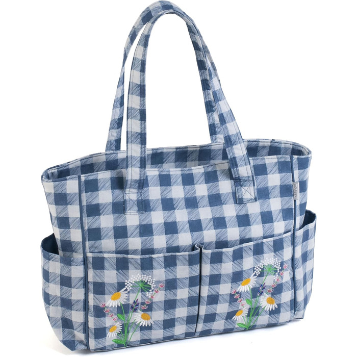 Crafting Kit Bag, Cotton, 13 x 36 x 31cm (Checkered pattern with wildflowers)