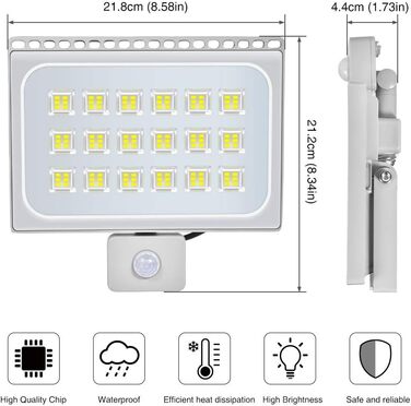 Світлодіодний прожектор NIKEEYEN 100W з датчиком руху, IP65, холодне біле світло 6500K, 10000 лм, ультратонкий, для вулиці, двору, гаража, саду, стадіону