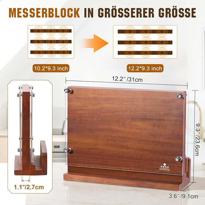 ENOKING Premium Plus Knife Block Magnetic, Magnetic Knife Block with Protection, High-Quality Magnetic Knife Holder, Acacia Wood Cutting Board with Double-Sided Strong Magnet for up to 14 Knives