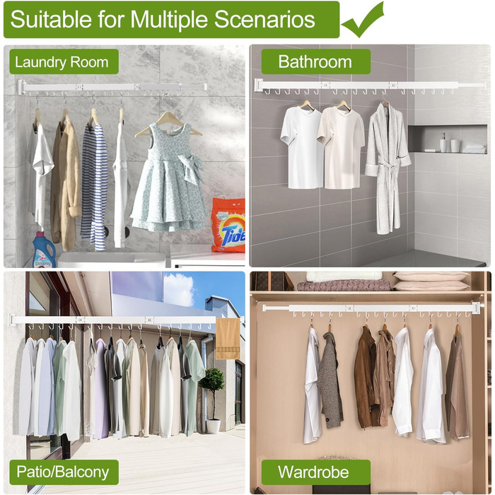 Настінна сушилка для білизни, розкладна, 3 секції, 120 см (50 дюймів), біла. Витримує до 68 кг (150 фунтів). Економія місця, для невеликих осель.