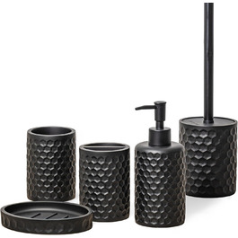 ZCCZ Bathroom Set – 5-Piece Organizer Set with Toilet Brush, Toothbrush Holder, Soap Dispenser, Soap Dish – Stylish Décor with Geometric Hexagon Pattern in Black for Modern Bathroom