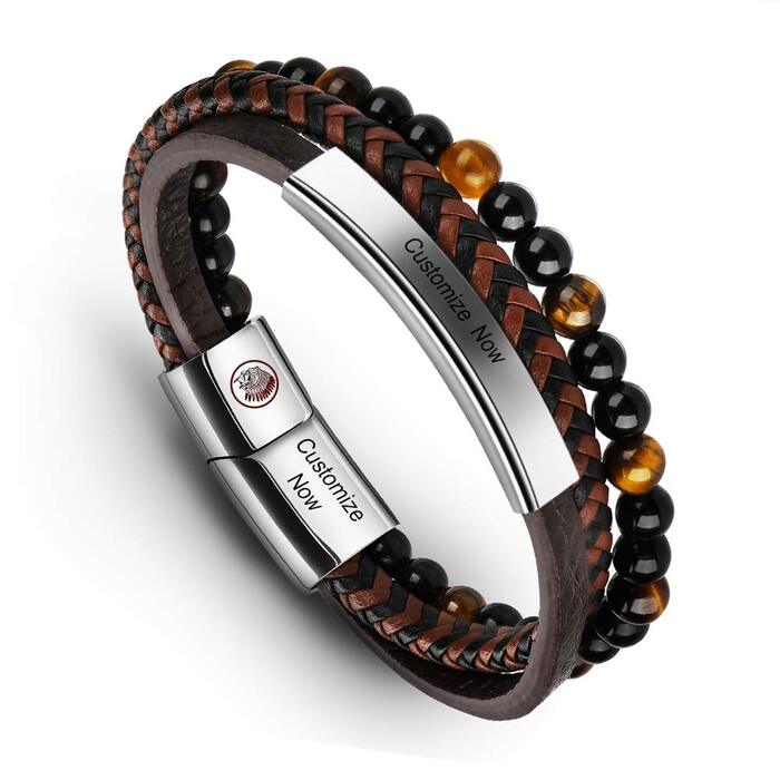 Чоловічий шкіряний браслет Casisto Lederarmband з гравіюванням, плетінка, магнітний замок (18.5 см, коричнево-срібний)