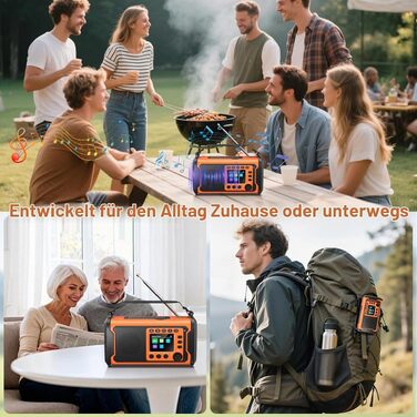Радіоприймач DAB/DAB+ для екстрених ситуацій з акумулятором 27000mAh, сонячною панеллю, ручним динамо-генератором та Bluetooth, помаранчевий