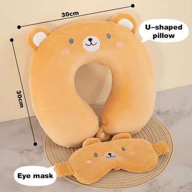 Подушка для шиї Tier Reisekissen: мила подушка з піною пам'яті для дорослих, авто, літака, поїзда, кемпінгу (колір: світло-коричневий, ведмедик)