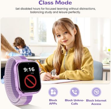 Дитячий розумний годинник зі GPS та телефоном, IP68, відеодзвінки, SOS, режим навчання, чат, SMS, ліхтарик, крокомір, будильник, годинник для дівчаток та хлопчиків, фіолетовий