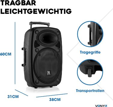 Vonyx Verve46 – портативна акустична система з мікрофонами, 1000 Вт, Bluetooth, MP3, для вечірок та PA-системи, чорний