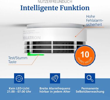 Hekatron Genius Plus – Smoke Detector 10-Year Battery – Stiftung Warentest Test Winner – made in Germany – incl. 1x adhesive pad – App-supported – Fire Alarm – multilingual – 1 piece