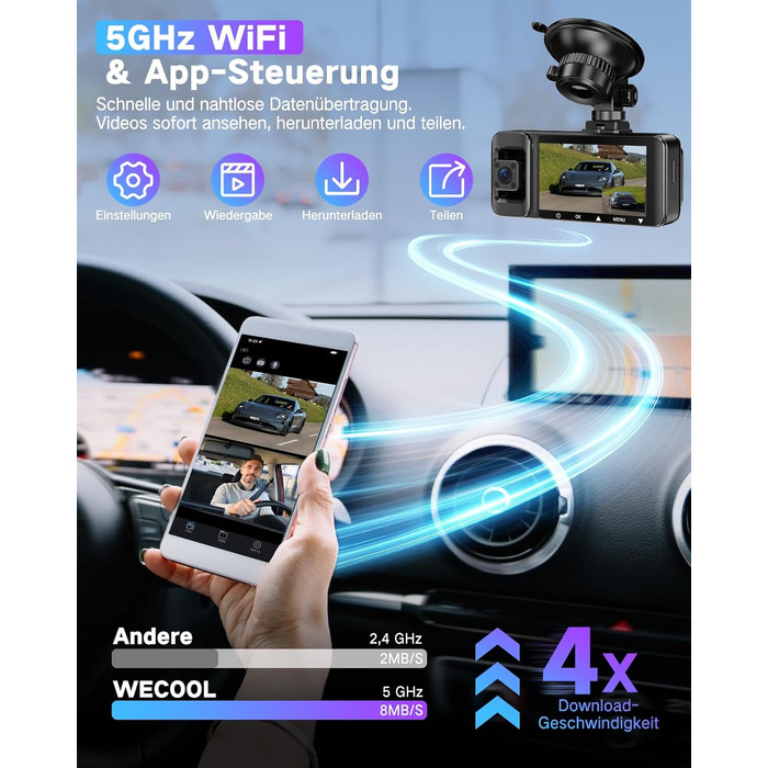 3-канальний автомобільний відеореєстратор 4K (передня, внутрішня та задня камери), кут огляду 170°/150°/150°, нічна зйомка, G-сенсор, циклічний запис, 24гд паркування, карта пам'яті 64 ГБ, чорний