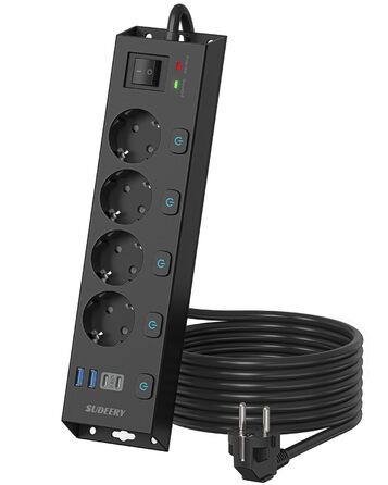 Мережевий фільтр Steckdoseleiste з індивідуальним керуванням, 5 розеток, настінний монтаж, захист від перенапруги 1050 Дж, для дому та офісу, кабель 2 м (4 розетки з USB, чорний)