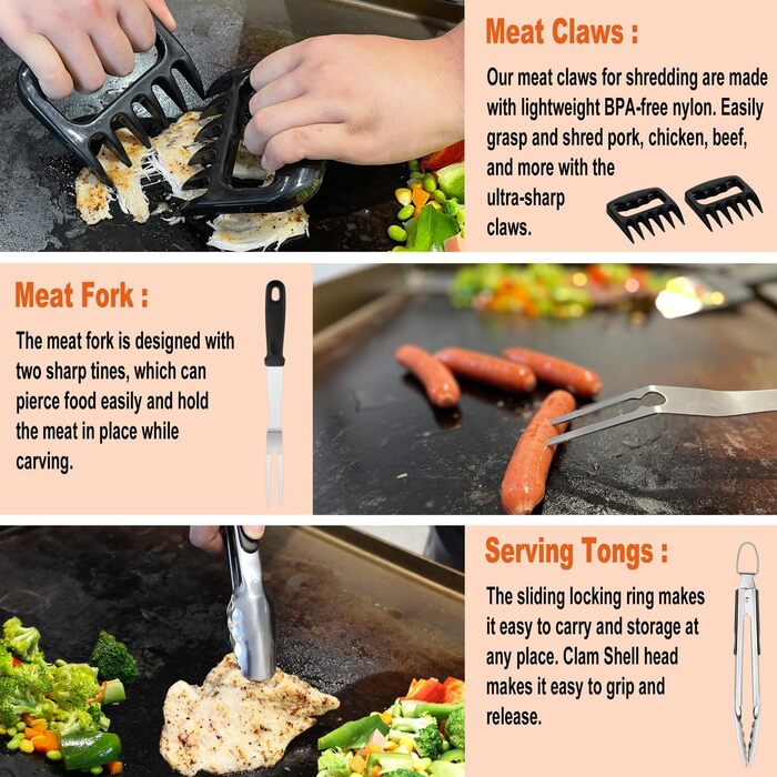 Набір інструментів для гриля Noble Family 38шт: шпатель, щипці, прес для бургерів, сумка. З нержавіючої сталі. Прекрасний подарунок для чоловіків.