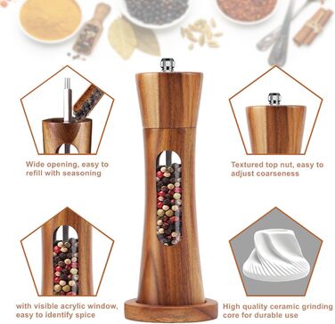 Дерев'яна мельниця для солі та перцю з підставкою, ручна, з регульованим керамічним жорном, 20 см