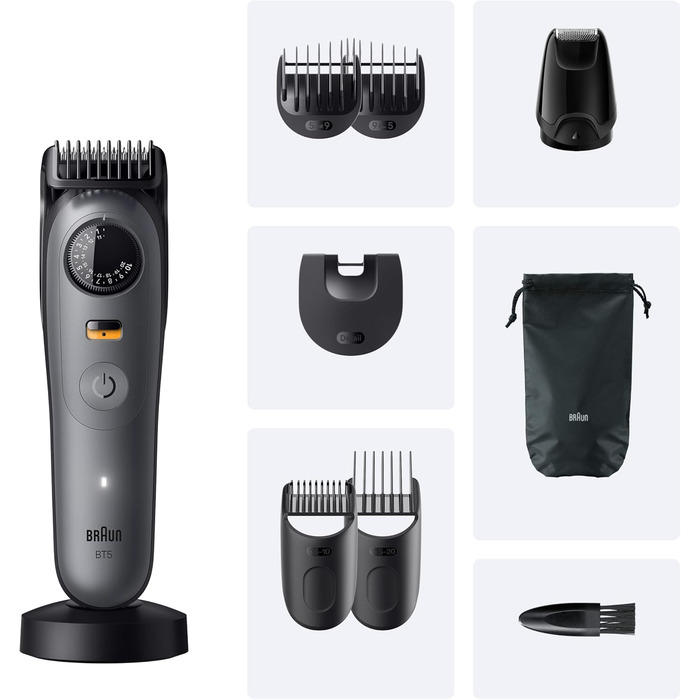Триммер для бороди Braun Series 5 BT5525: електричний, з насадками (9 шт.), водонепроникний, 40 налаштувань довжини, сірий
