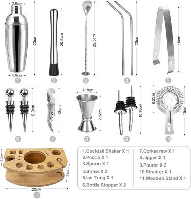 Cocktail Shaker Set, Stainless Steel Cocktail Set, 14-Piece Bartender Kit Bar Accessories, Cocktail Mixer Set with Wooden Stand, 750ML Cocktail Gift Set for Home or the Bar.