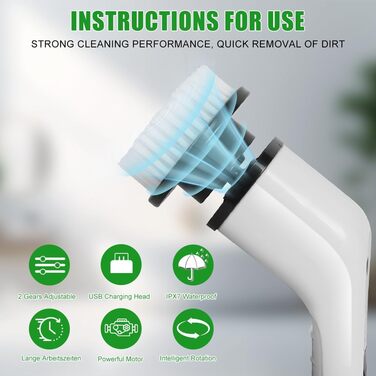Електрична щітка для чищення OSDUE з 7 насадками, бездротова, водонепроникна IPX7, для ванни та плитки, з регульованою ручкою 137 см, біла