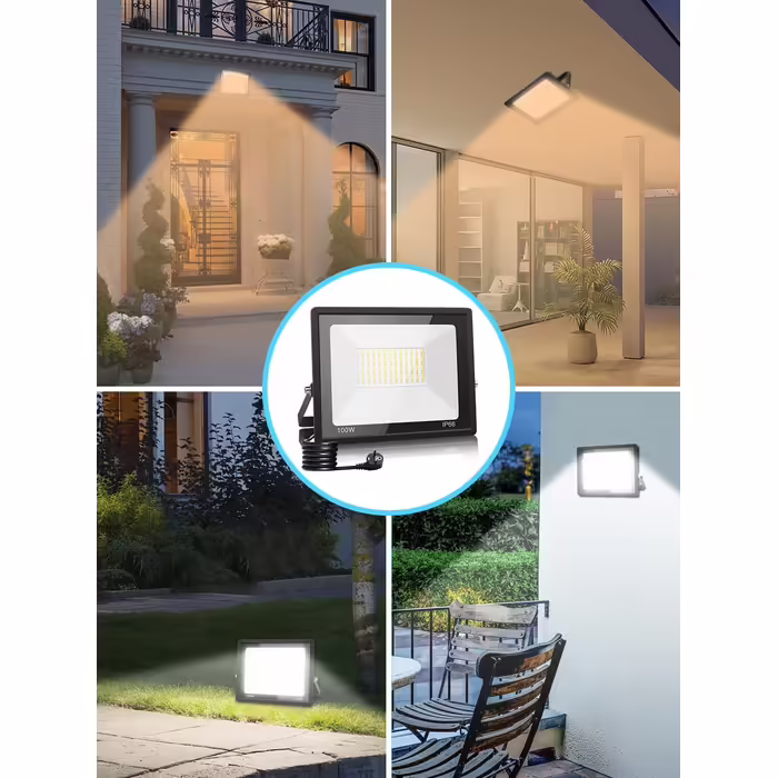 LED Flood Light Outdoor with Plug 100W, 3000K/4500K/6500K Dimmable LED Spotlight, 10000LM Super Bright LED Floodlight, IP66 Waterproof LED Spotlight Outdoor Floodlight for Yard Garden Sports Field