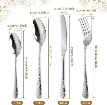 Набір столових приборів 24 предмети з нержавіючої сталі на 6 осіб з гравіюванням троянд. Ложки, виделки, ножі. Поліровані, для посудомийної машини. Сріблястий колір.