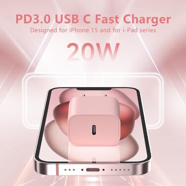 Зарядний пристрій USB-C 20W з кабелем Type-C 2м для iPhone 16/15/Pro/Air, iPad - Рожевий + Зелений (2 шт)