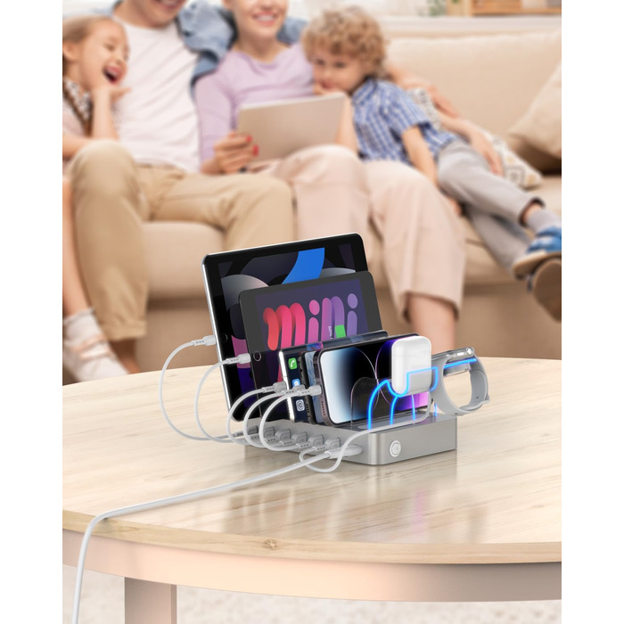 Зарядна станція SooPii USB 60W/12A з 6 портами, органайзер для декількох пристроїв з тримачем для Apple Watch, 6 кабелів в комплекті (срібло)